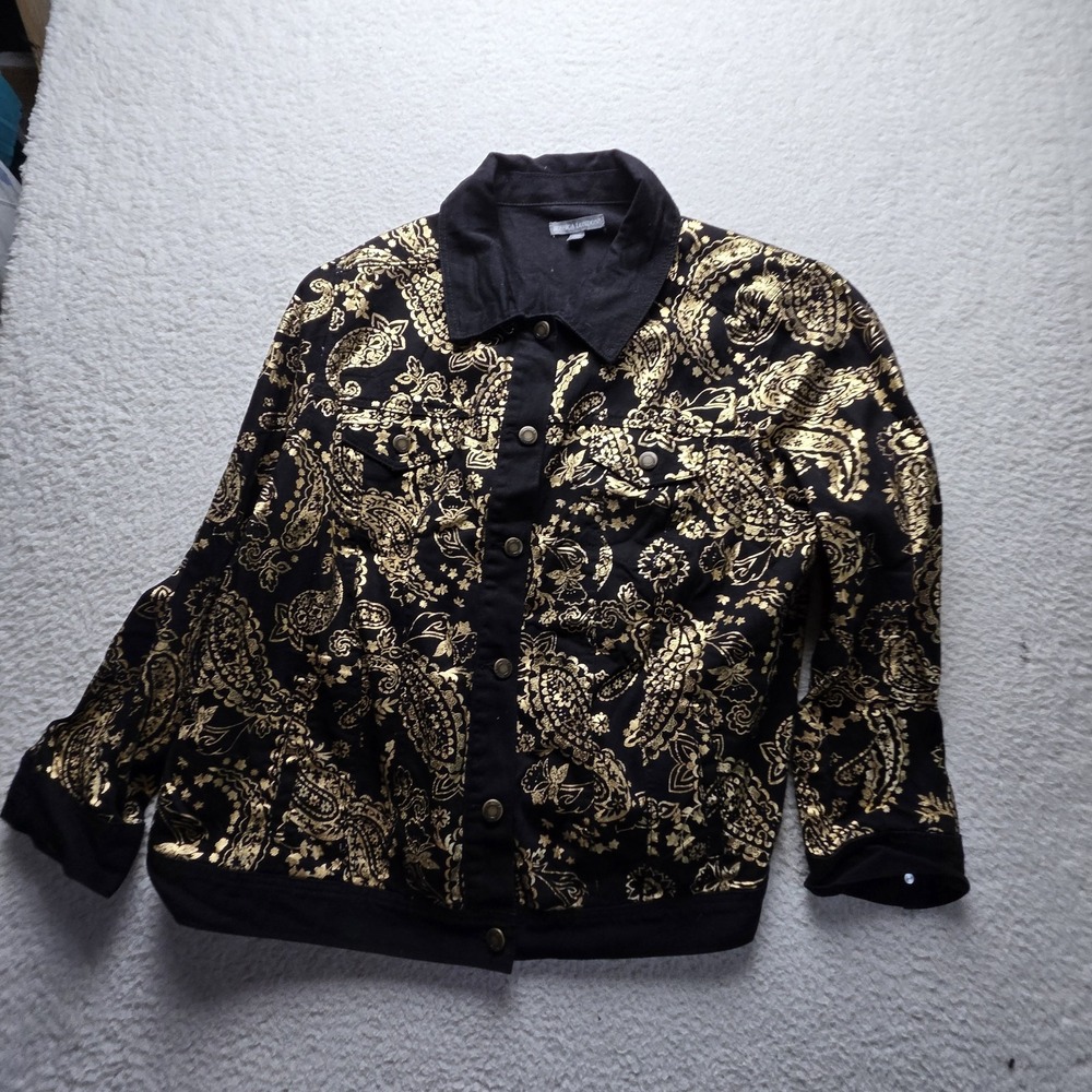 Jessica London Jacket Womens Plus 24W Black Gold Metallic Paisley Snap Front